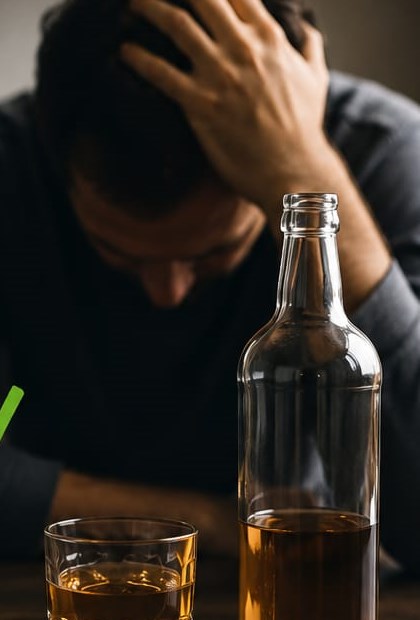 Pessoa em sofrimento diante de uma garrafa e um copo, representando o primeiro passo para buscar ajuda contra o alcoolismo