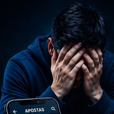 Pessoa em sofrimento relacionado ao jogo compulsivo, buscando apoio e tratamento