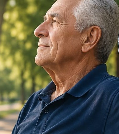 Pessoa idosa observando a natureza com tranquilidade em um parque, representando acolhimento e uma nova fase de vida